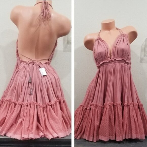 Free People 100 Degrees Swiss Dot Backless Halter Mini Dress Pink Dusty Rose - Picture 3 of 4